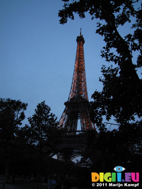 SX18653 Lit up Eiffel tower through trees at dusk